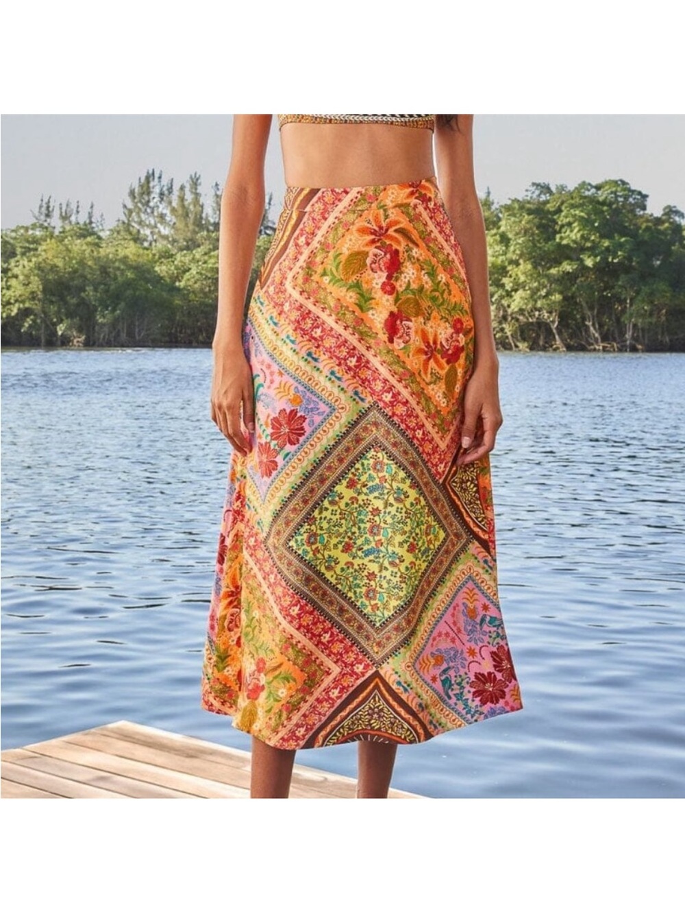 NWT FARM Rio Multicolor Patchwork Midi Skirt